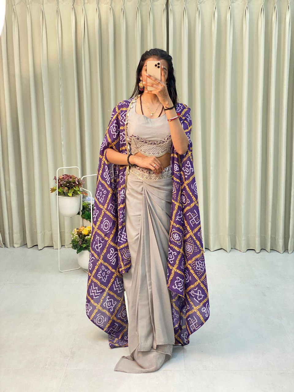 Designer Printed Koti Blouse with Western Style Dhotis | Full Stitched