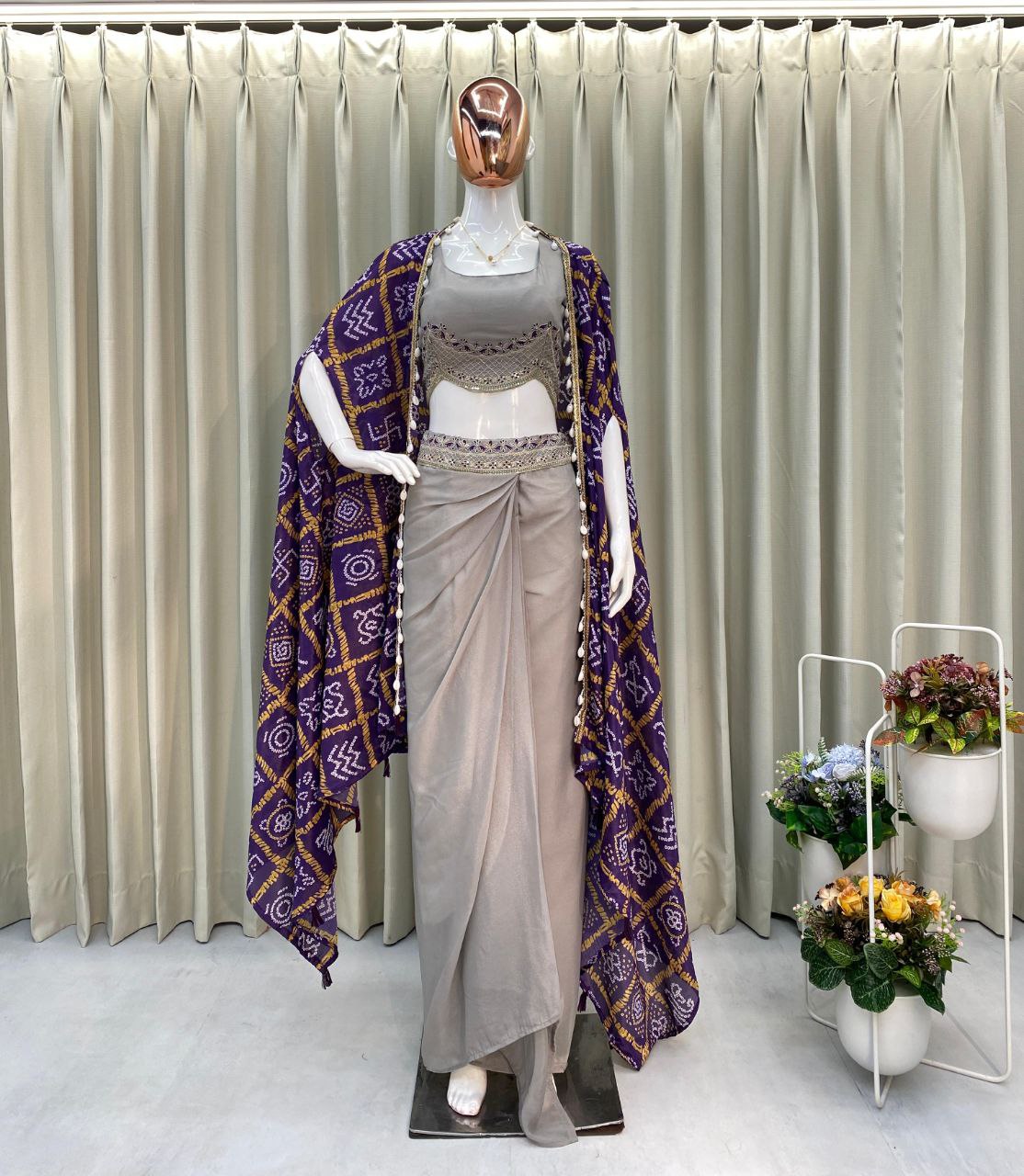 Designer Printed Koti Blouse with Western Style Dhotis | Full Stitched