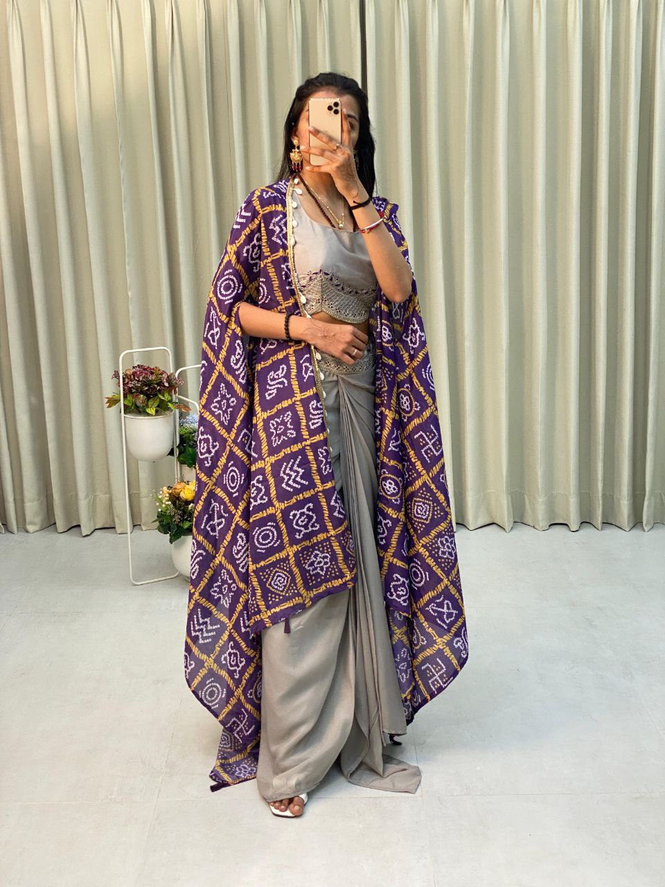 Designer Printed Koti Blouse with Western Style Dhotis | Full Stitched