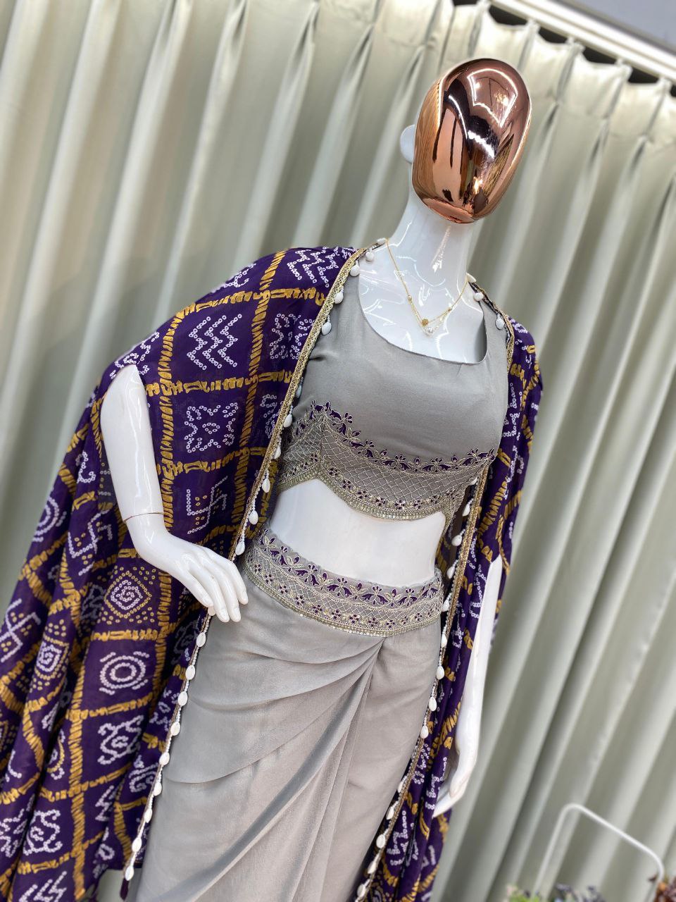 Designer Printed Koti Blouse with Western Style Dhotis | Full Stitched