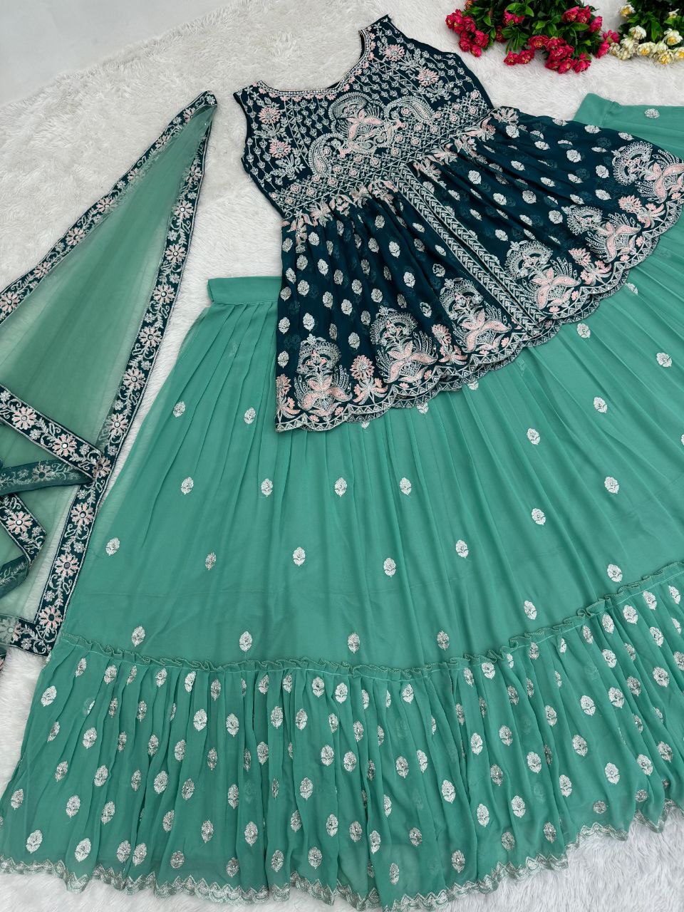 Bridal Indo Western Lehenga Choli with Chine Stitch & Mirror Work | Party Wear Lehenga Choli