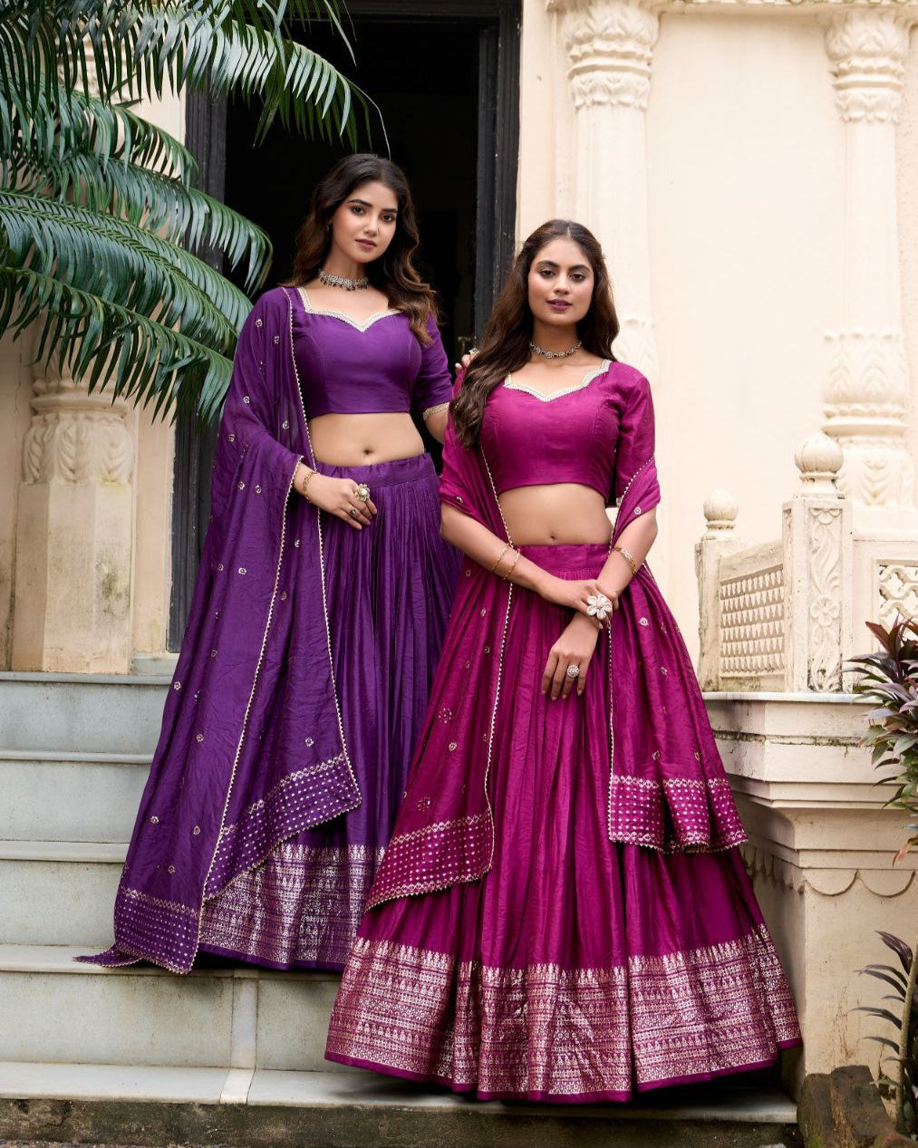 Chanderi Lehenga Choli with Zari Work Border & Sequin Dupatta