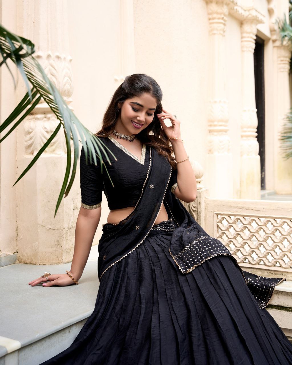 Chanderi Lehenga Choli with Zari Work Border & Sequin Dupatta