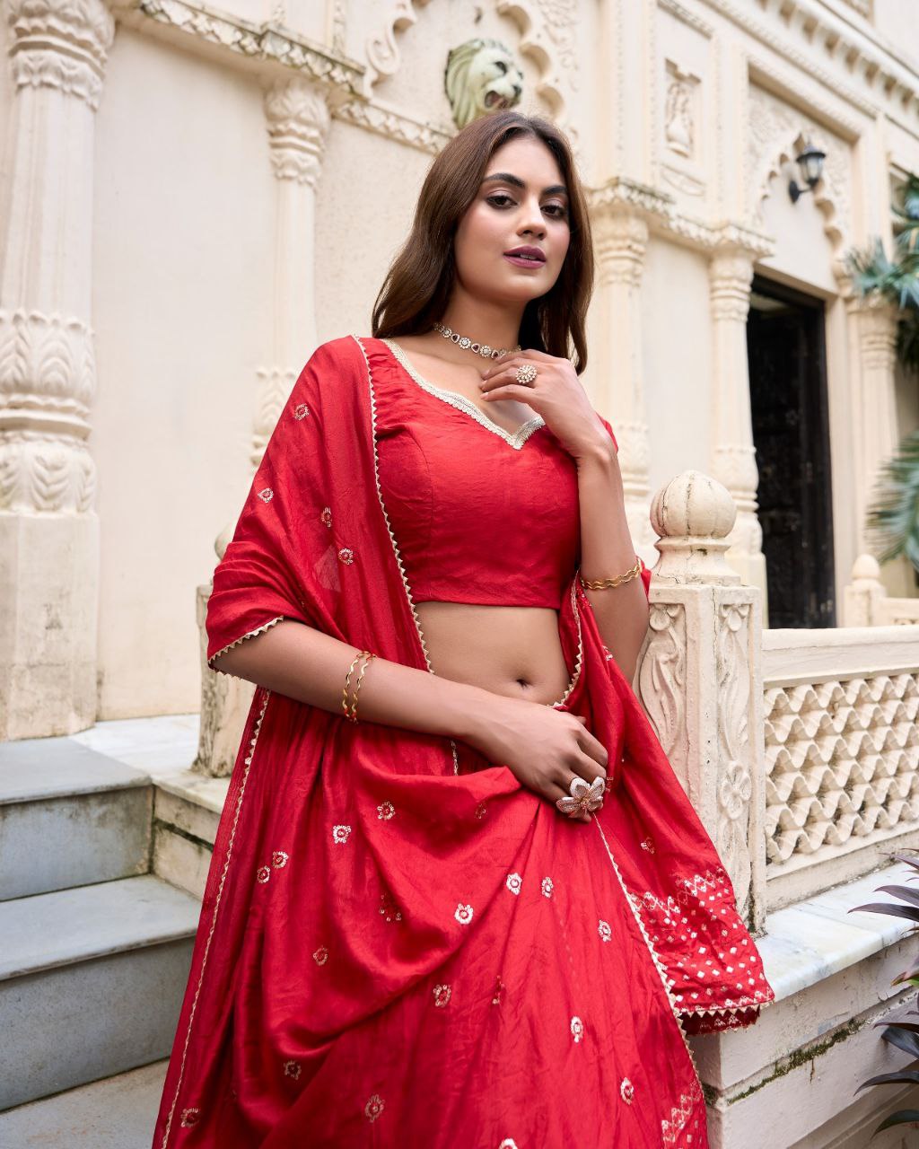 Chanderi Lehenga Choli with Zari Work Border & Sequin Dupatta