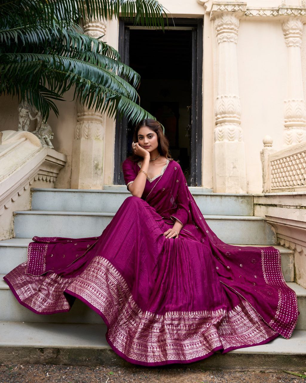 Chanderi Lehenga Choli with Zari Work Border & Sequin Dupatta