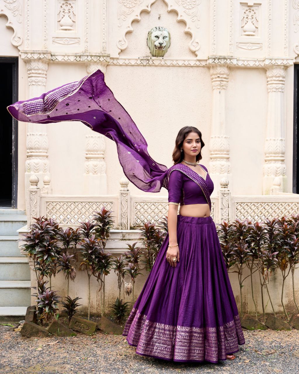 Chanderi Lehenga Choli with Zari Work Border & Sequin Dupatta