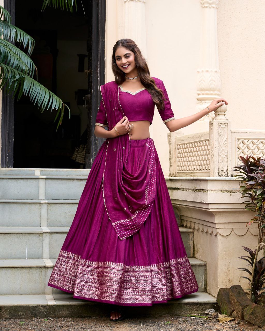 Chanderi Lehenga Choli with Zari Work Border & Sequin Dupatta