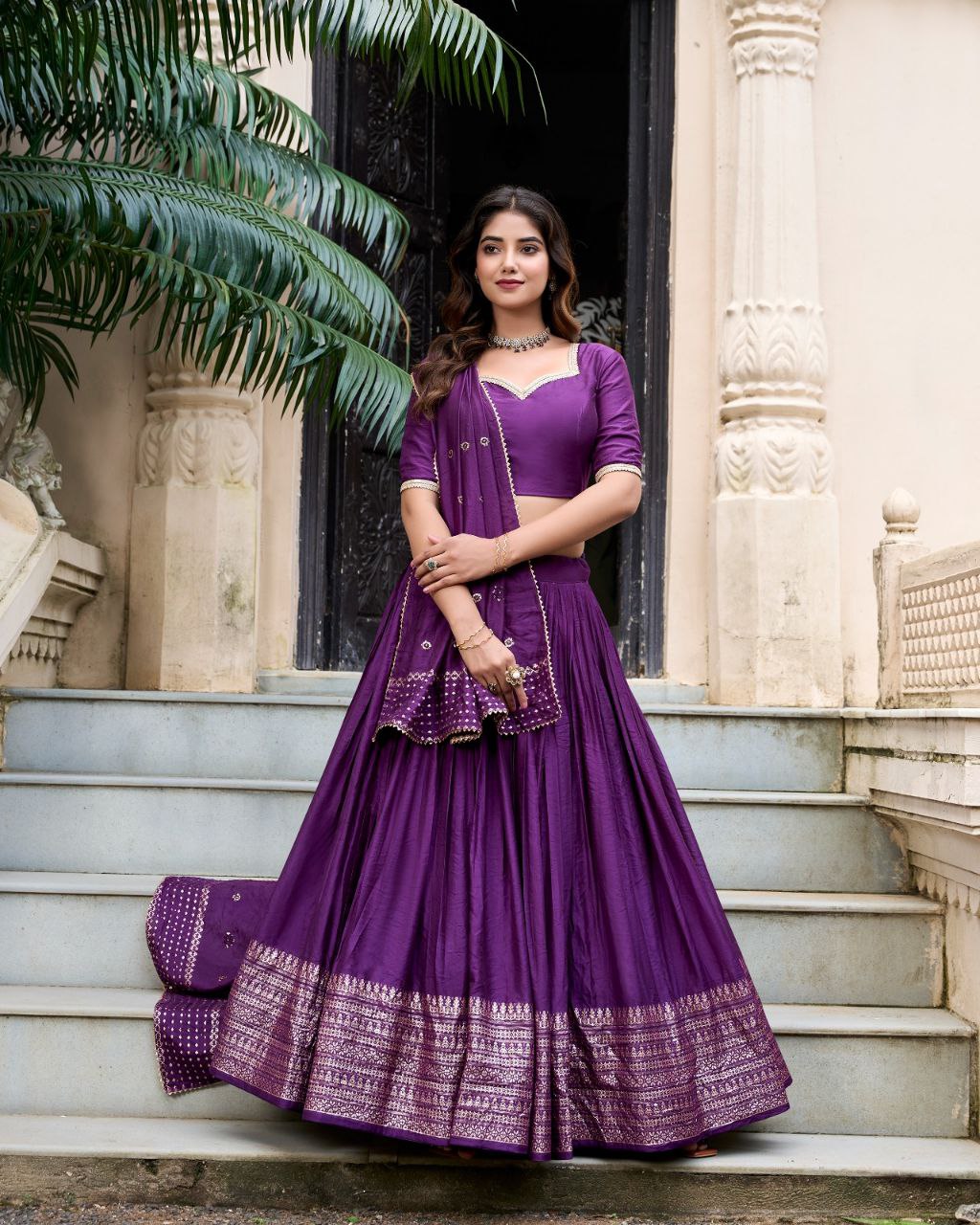 Chanderi Lehenga Choli with Zari Work Border & Sequin Dupatta