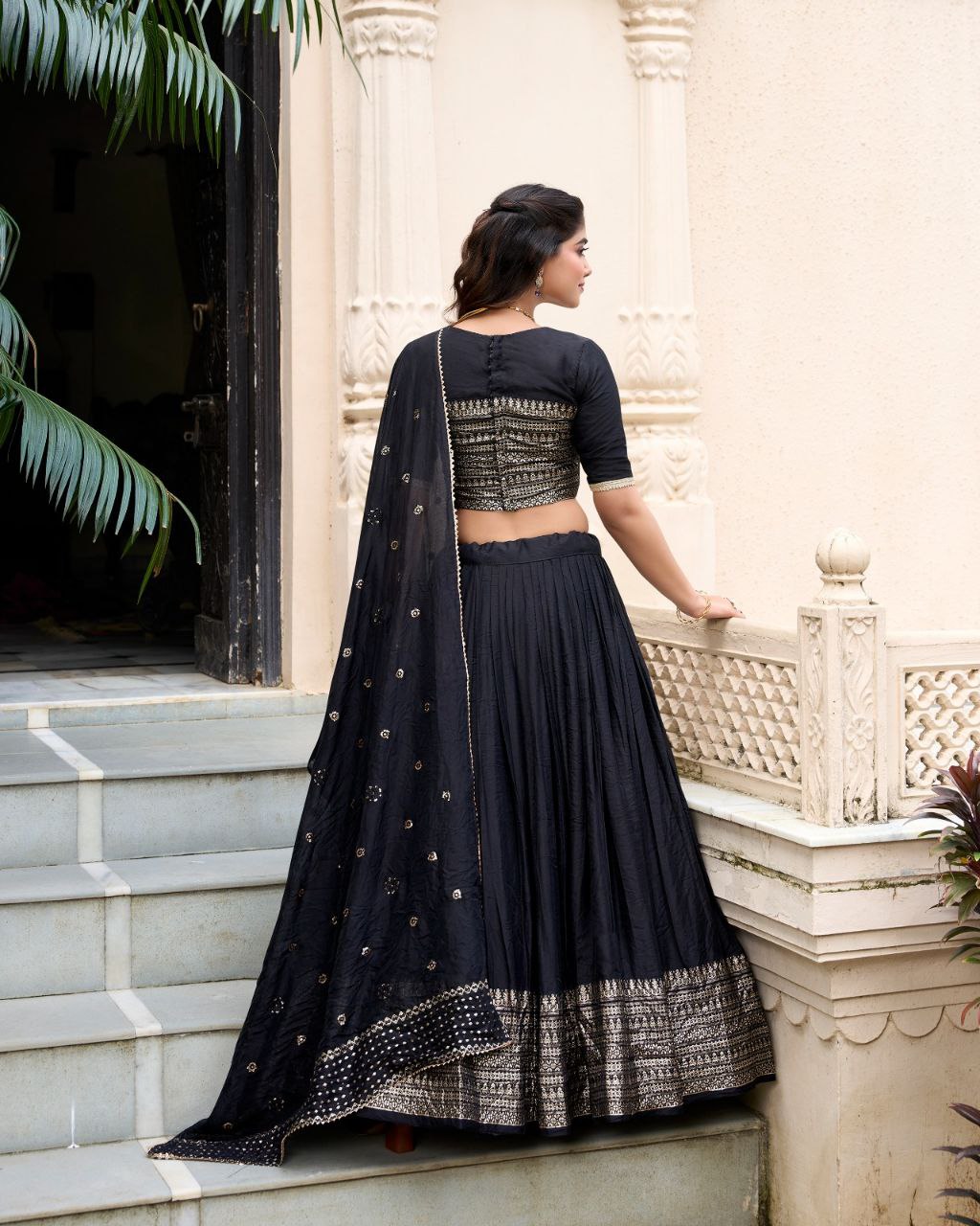 Chanderi Lehenga Choli with Zari Work Border & Sequin Dupatta