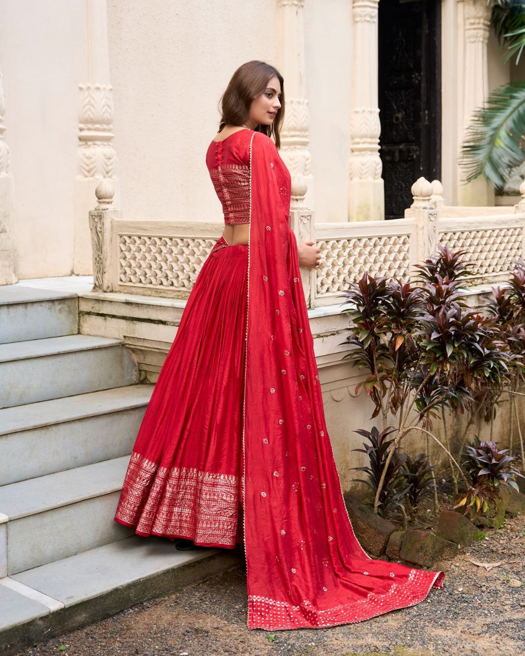 Chanderi Lehenga Choli with Zari Work Border & Sequin Dupatta