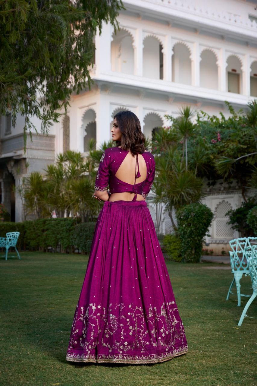 Wine Vichitra Silk Lehenga Choli with Sequin Embroidery & Lace Border | Party Wear Lehenga Choli