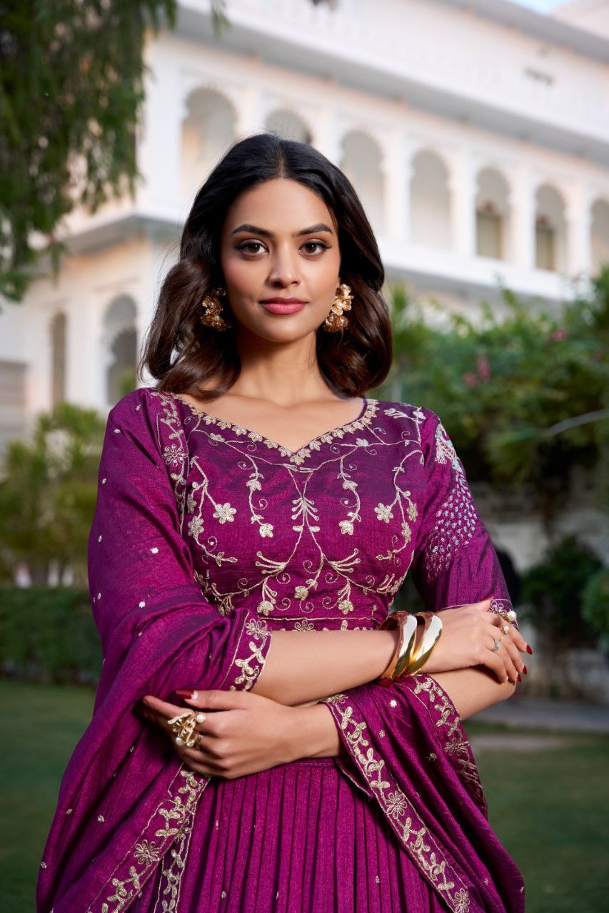 Wine Vichitra Silk Lehenga Choli with Sequin Embroidery & Lace Border | Party Wear Lehenga Choli