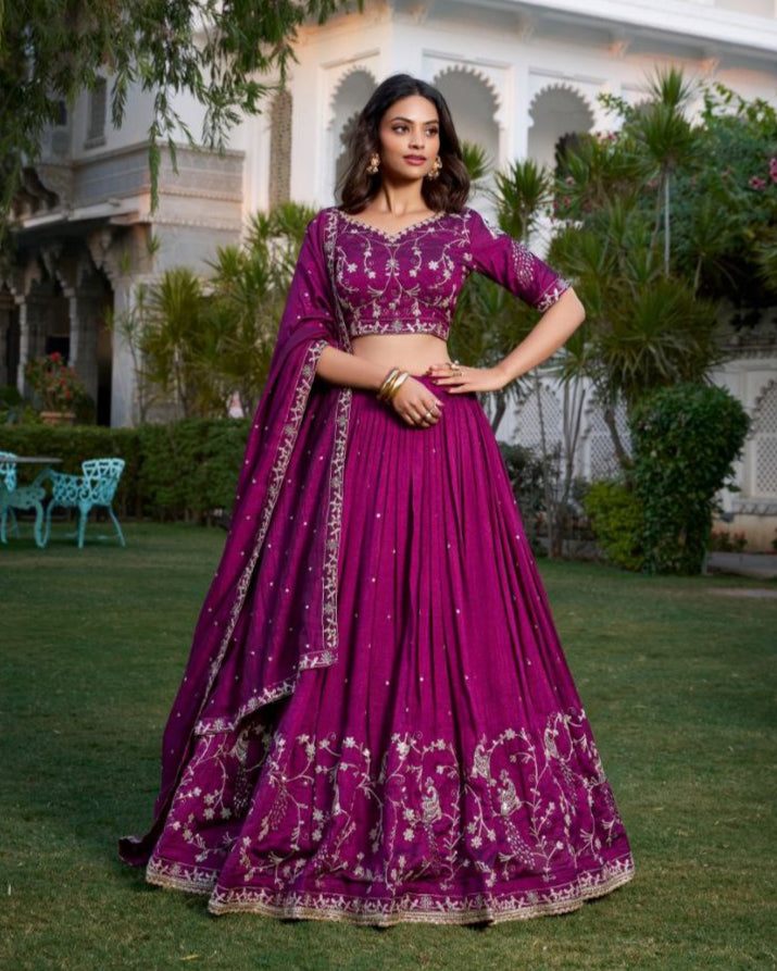 Wine Vichitra Silk Lehenga Choli with Sequin Embroidery & Lace Border | Party Wear Lehenga Choli
