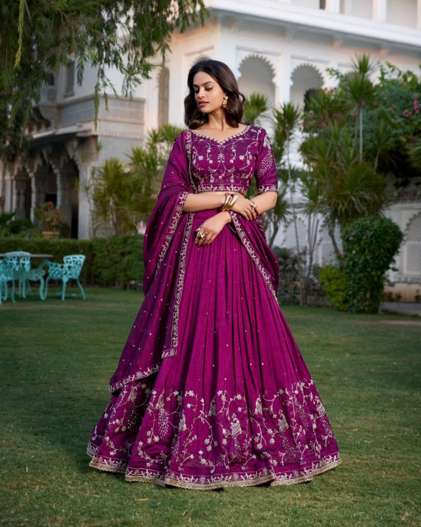 Wine Vichitra Silk Lehenga Choli with Sequin Embroidery & Lace Border | Party Wear Lehenga Choli