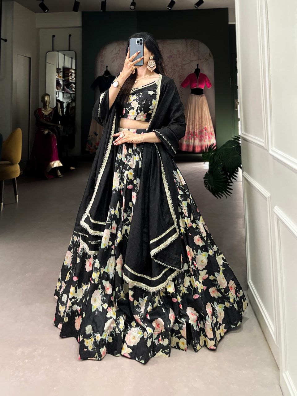 Designer Tussar Silk Floral Print Lehenga Choli For Weddings & Parties