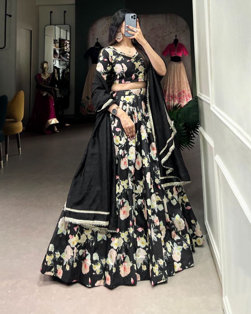 Designer Tussar Silk Floral Print Lehenga Choli For Weddings & Parties