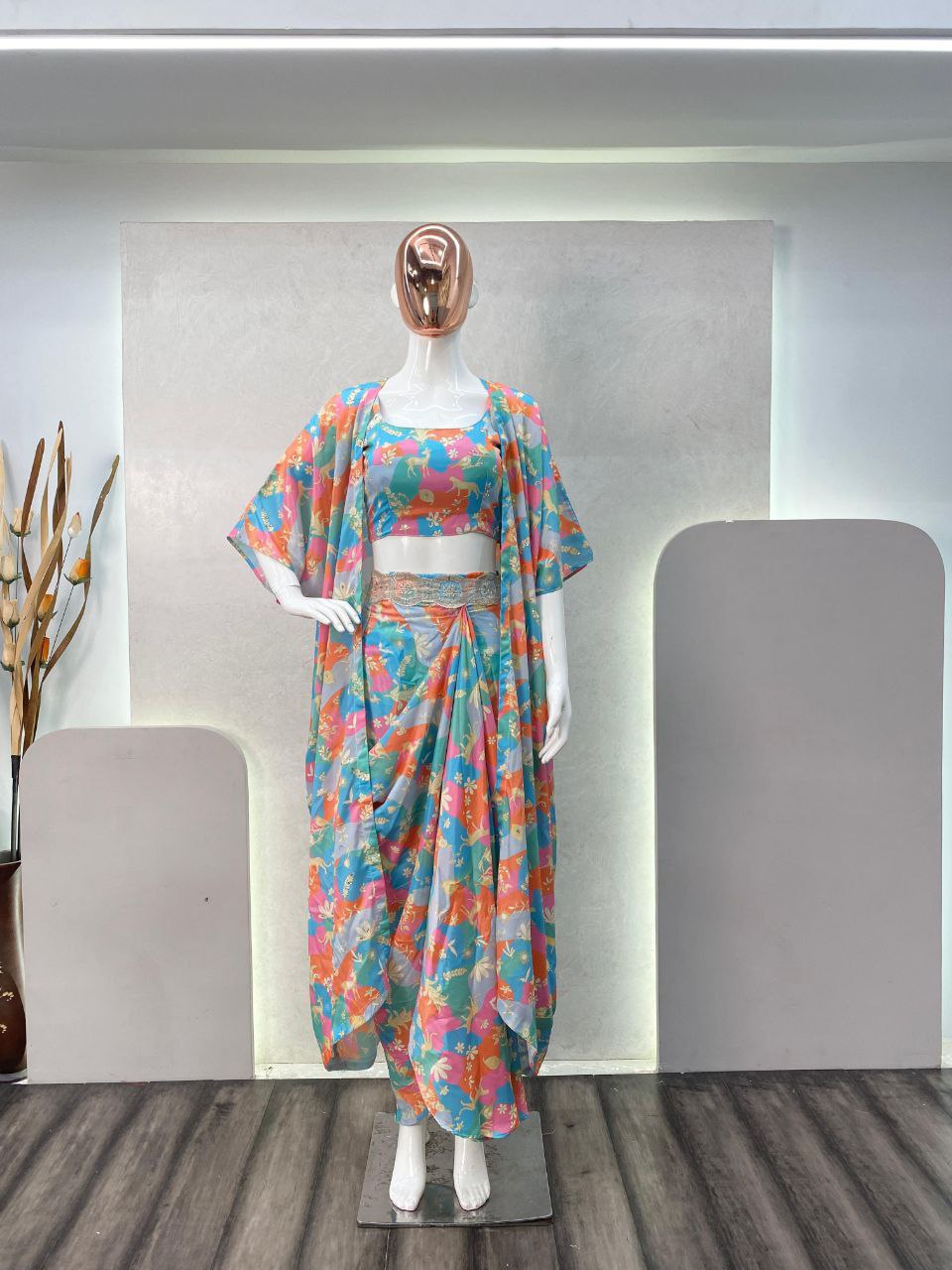 Designer Crepe Silk Western Set | Printed & Mirror Work Koti, Blouse & Stitched Bottom