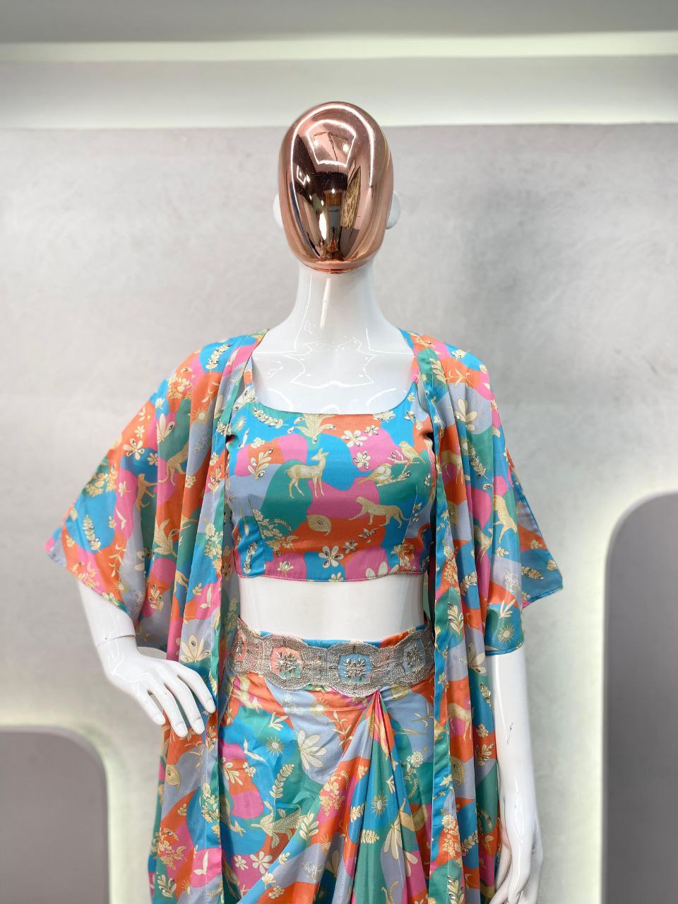 Designer Crepe Silk Western Set | Printed & Mirror Work Koti, Blouse & Stitched Bottom