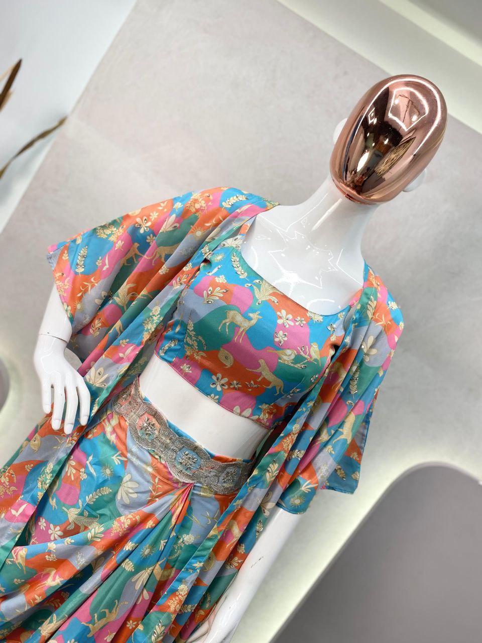 Designer Crepe Silk Western Set | Printed & Mirror Work Koti, Blouse & Stitched Bottom