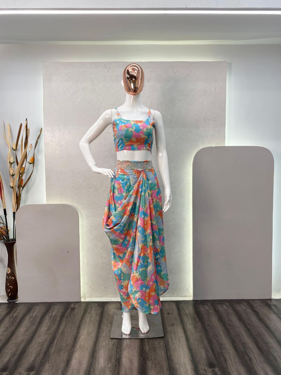 Designer Crepe Silk Western Set | Printed & Mirror Work Koti, Blouse & Stitched Bottom