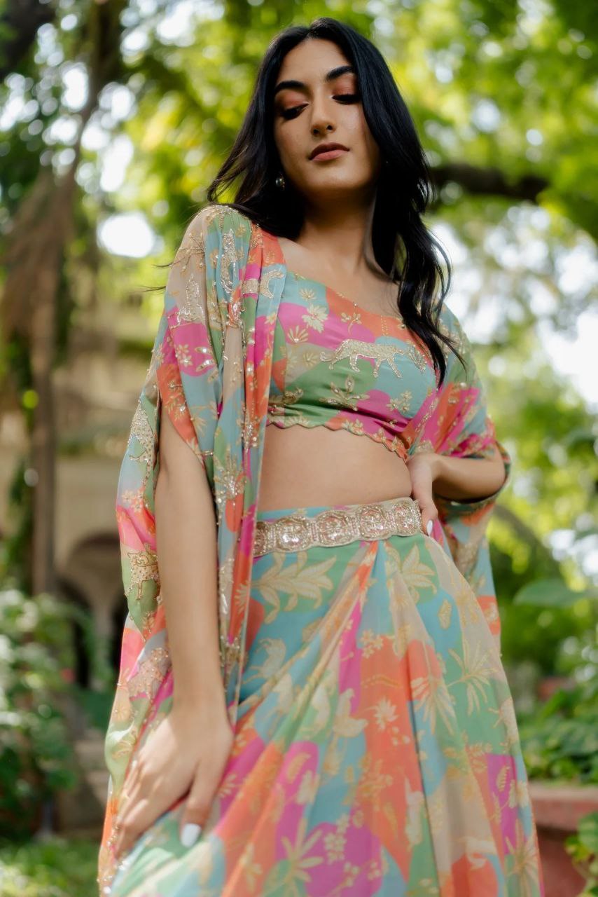 Designer Crepe Silk Western Set | Printed & Mirror Work Koti, Blouse & Stitched Bottom