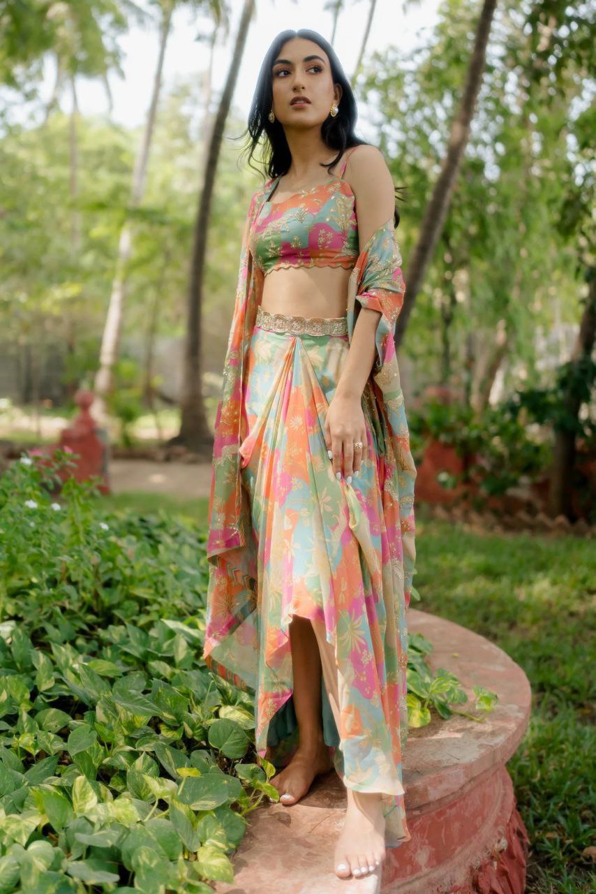 Designer Crepe Silk Western Set | Printed & Mirror Work Koti, Blouse & Stitched Bottom