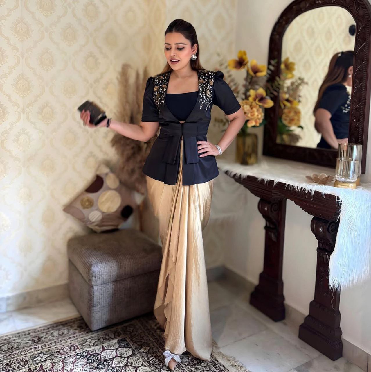 Trendy Three-Piece Western Outfit | Tube Blouse, Dhoti & Blazer for Wedding Season