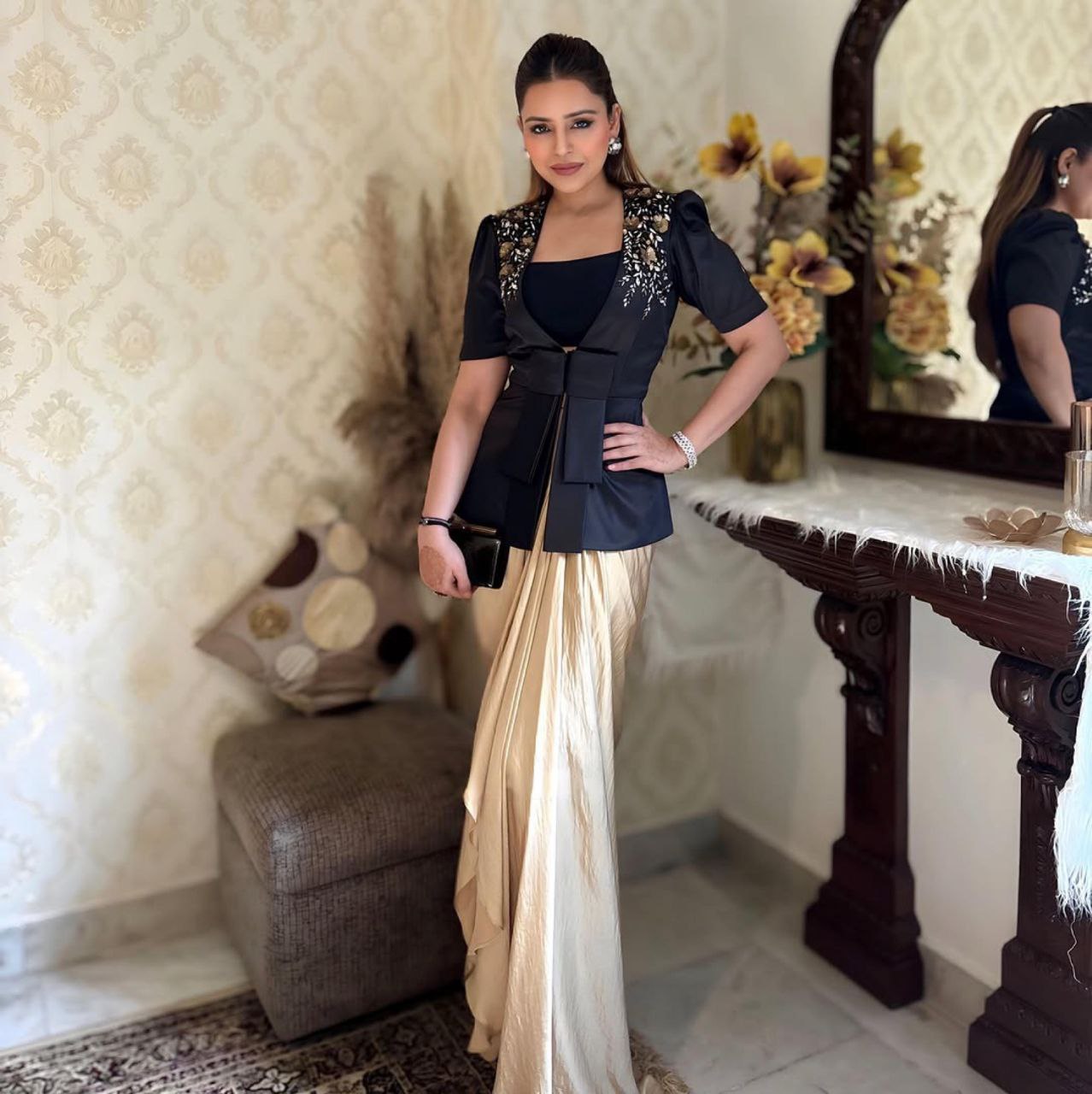 Trendy Three-Piece Western Outfit | Tube Blouse, Dhoti & Blazer for Wedding Season