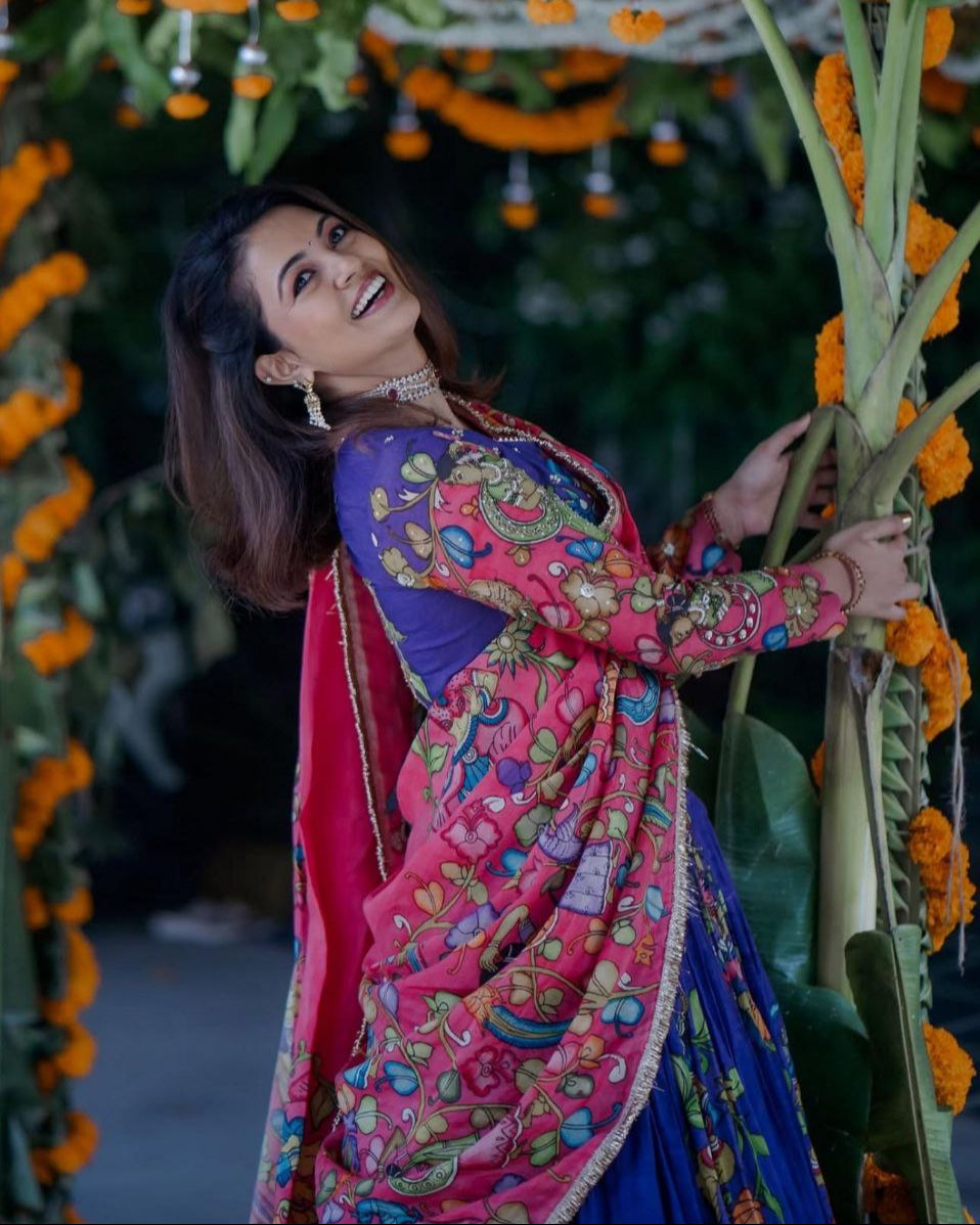 Kalamkari Cotton Lehenga Choli with Embroidered Dupatta | Party Wear Ethnic Set