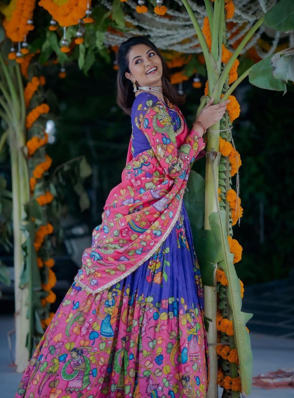Kalamkari Cotton Lehenga Choli with Embroidered Dupatta | Party Wear Ethnic Set