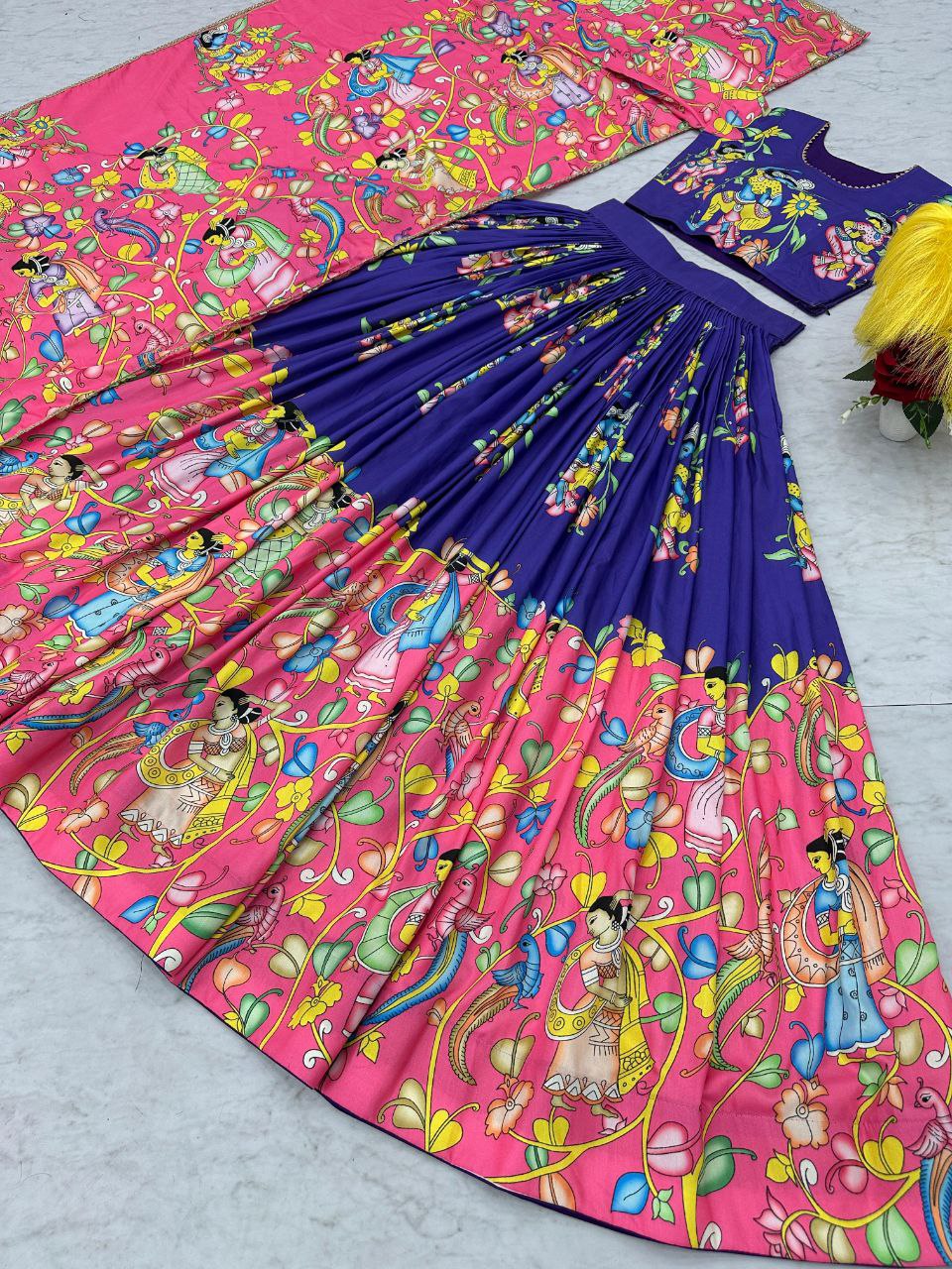 Kalamkari Cotton Lehenga Choli with Embroidered Dupatta | Party Wear Ethnic Set