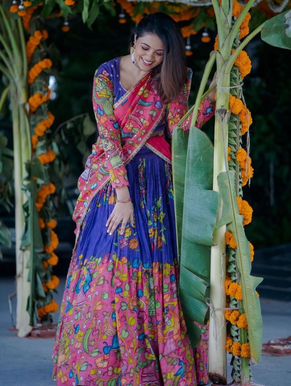 Kalamkari Cotton Lehenga Choli with Embroidered Dupatta | Party Wear Ethnic Set
