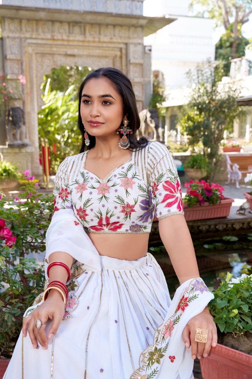 White Georgette Lehenga Choli with Embroidery & Sequins | Party Wear Bridal Set