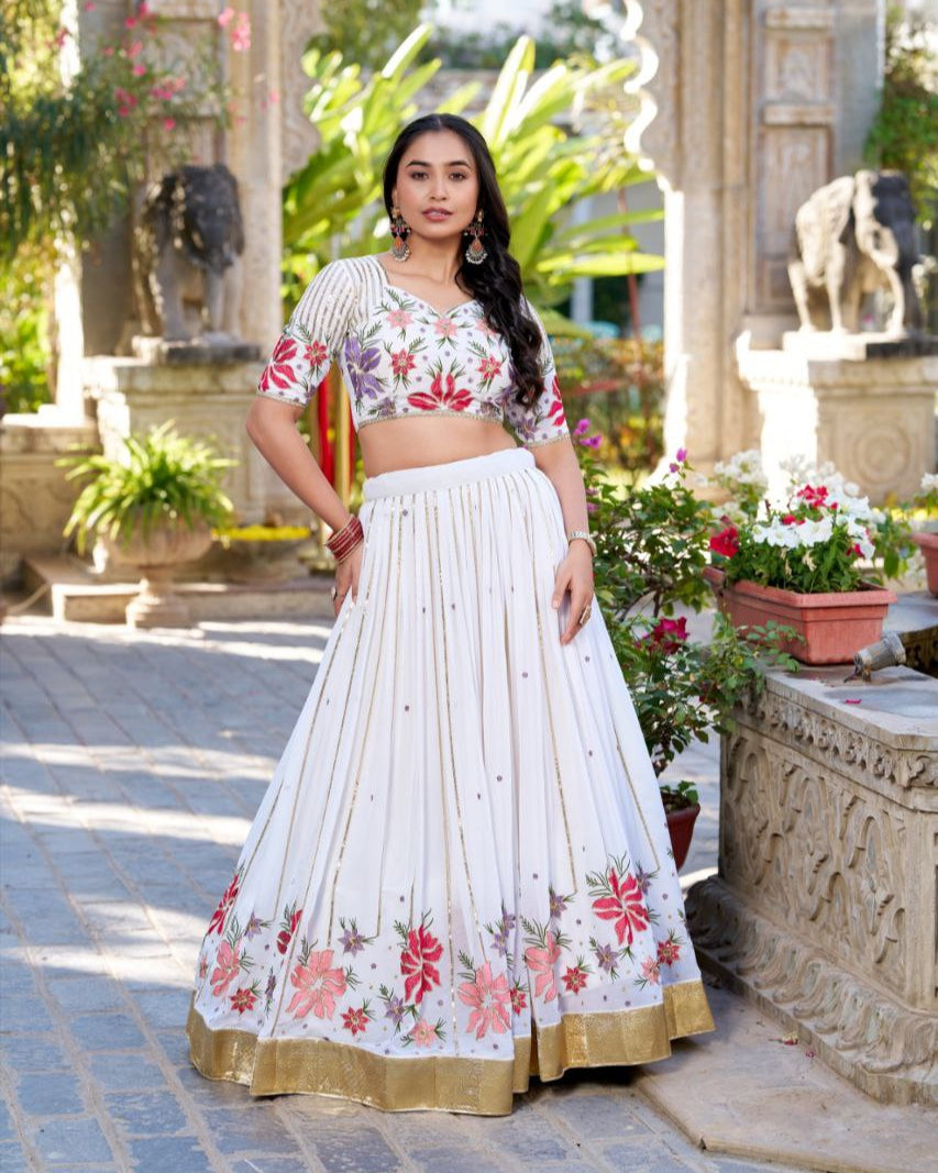White Georgette Lehenga Choli with Embroidery & Sequins | Party Wear Bridal Set