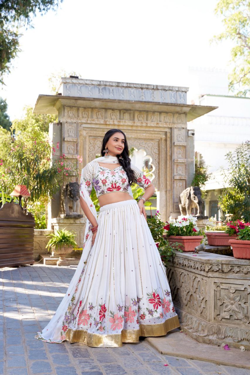 White Georgette Lehenga Choli with Embroidery & Sequins | Party Wear Bridal Set