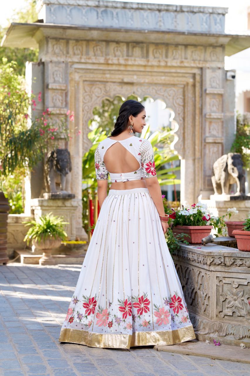 White Georgette Lehenga Choli with Embroidery & Sequins | Party Wear Bridal Set