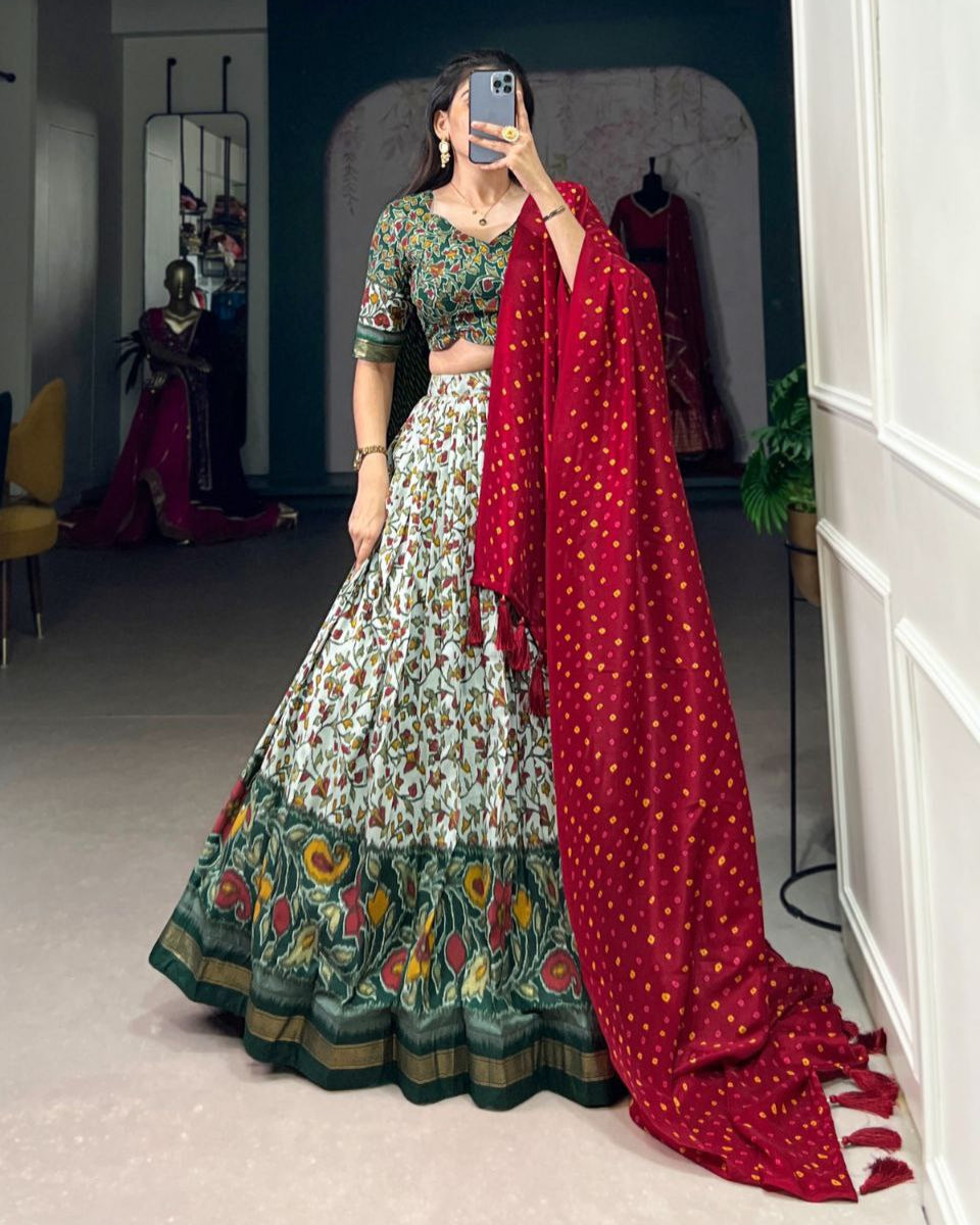 Tussar Silk Floral Print Lehenga Choli with Foil Work & Dupatta | Party Wear Ethnic Set
