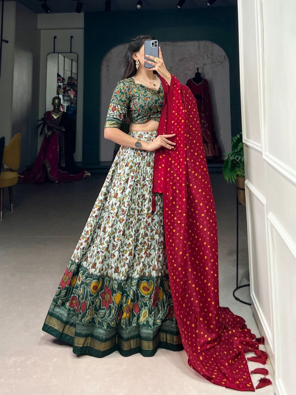 Tussar Silk Floral Print Lehenga Choli with Foil Work & Dupatta | Party Wear Ethnic Set