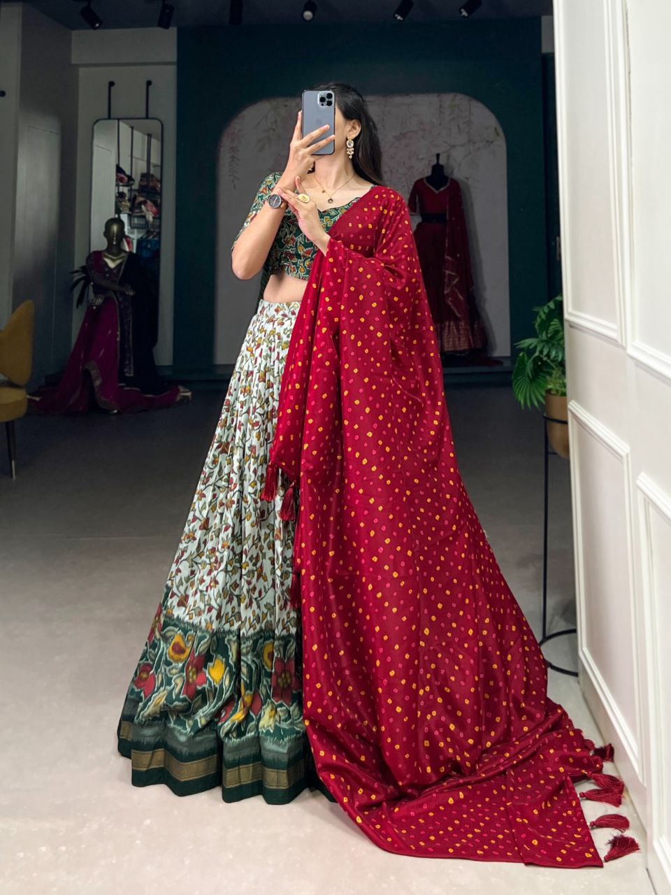 Tussar Silk Floral Print Lehenga Choli with Foil Work & Dupatta | Party Wear Ethnic Set