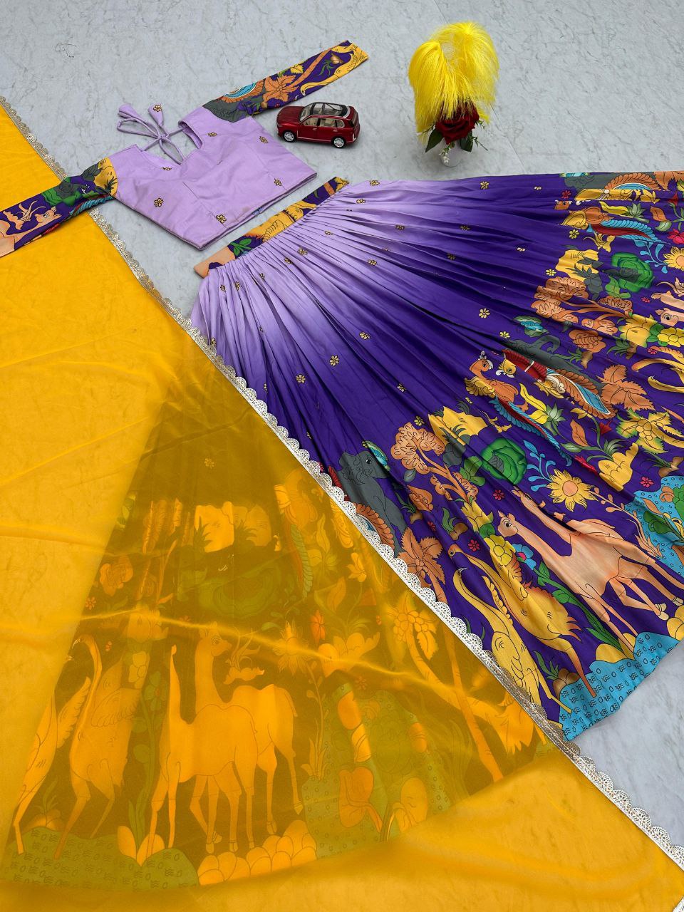 Party Wear Kalamkari Printed Cotton Lehenga Choli Set with Fox Georgette Dupatta
