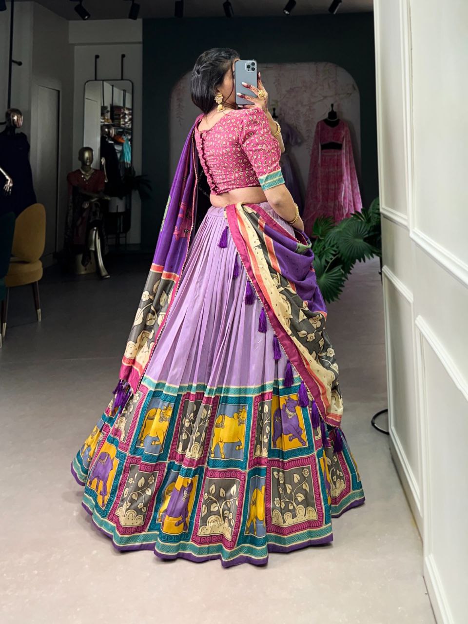 Party Wear Vaishnavi Tussar Silk Kalamkari Lehenga Choli Set with Gotta Patti Dupatta