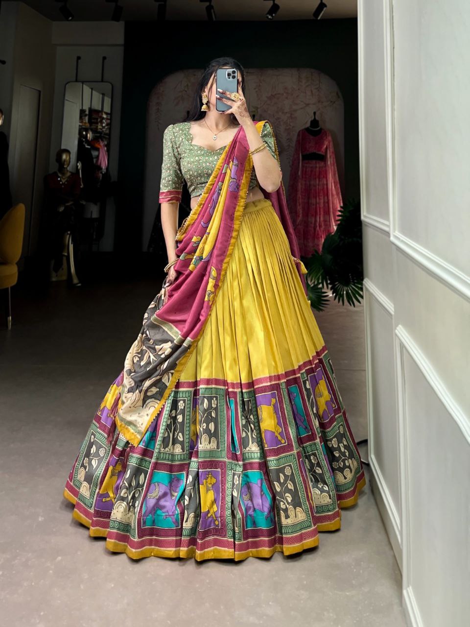 Party Wear Vaishnavi Tussar Silk Kalamkari Lehenga Choli Set with Gotta Patti Dupatta