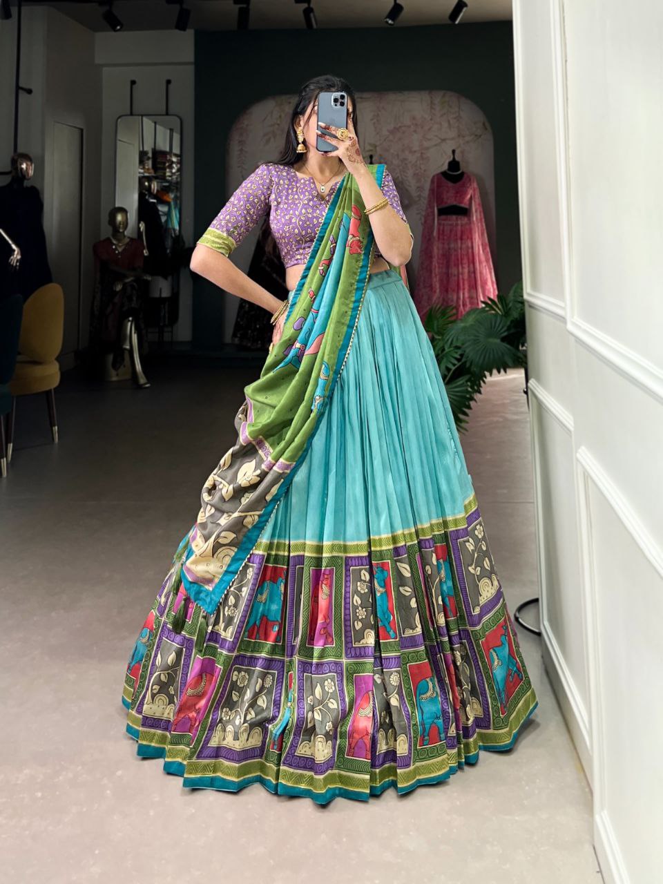 Party Wear Vaishnavi Tussar Silk Kalamkari Lehenga Choli Set with Gotta Patti Dupatta