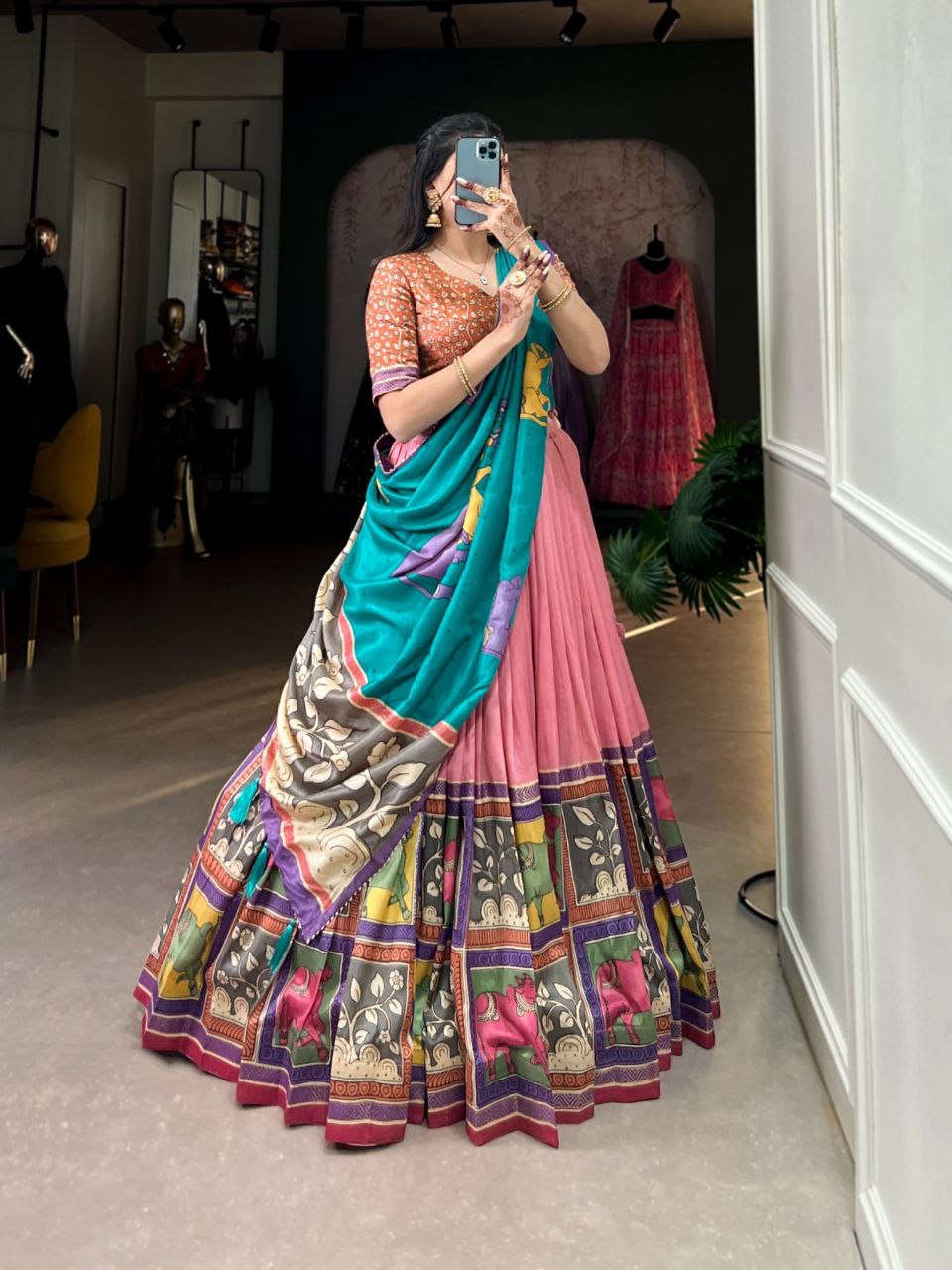 Party Wear Vaishnavi Tussar Silk Kalamkari Lehenga Choli Set with Gotta Patti Dupatta