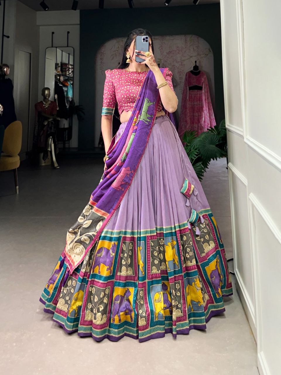 Party Wear Vaishnavi Tussar Silk Kalamkari Lehenga Choli Set with Gotta Patti Dupatta
