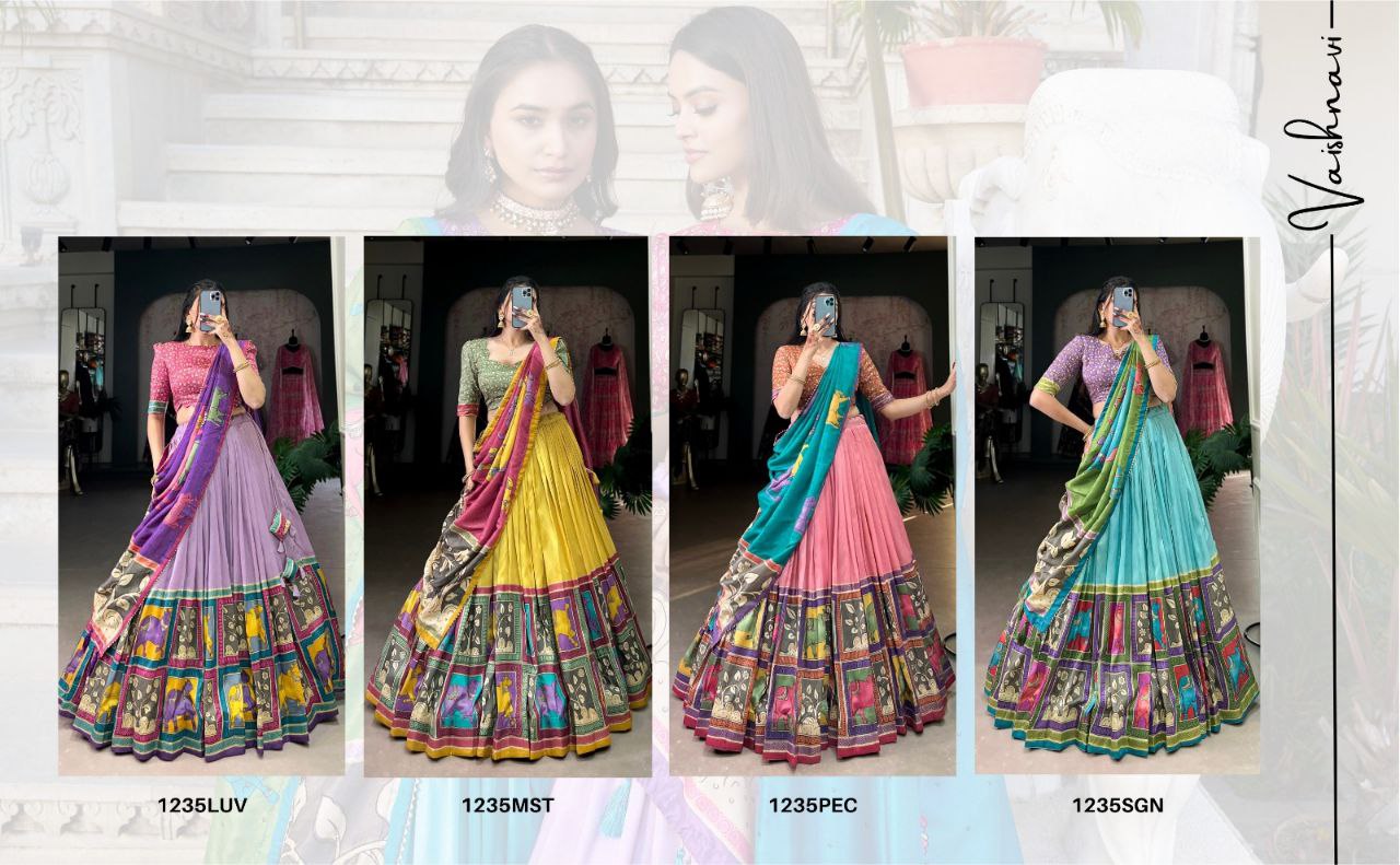 Party Wear Vaishnavi Tussar Silk Kalamkari Lehenga Choli Set with Gotta Patti Dupatta