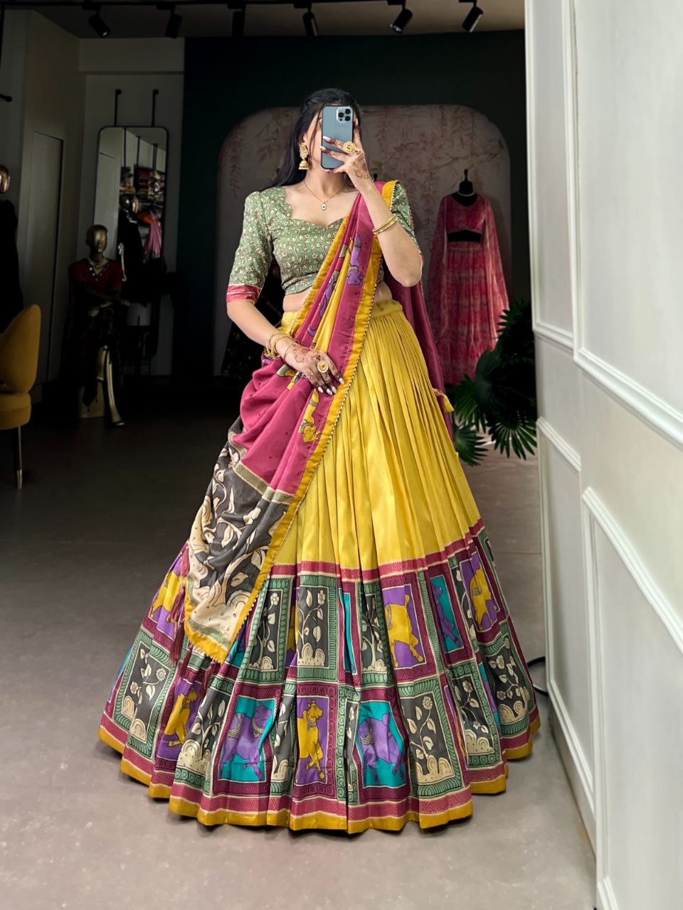 Party Wear Vaishnavi Tussar Silk Kalamkari Lehenga Choli Set with Gotta Patti Dupatta