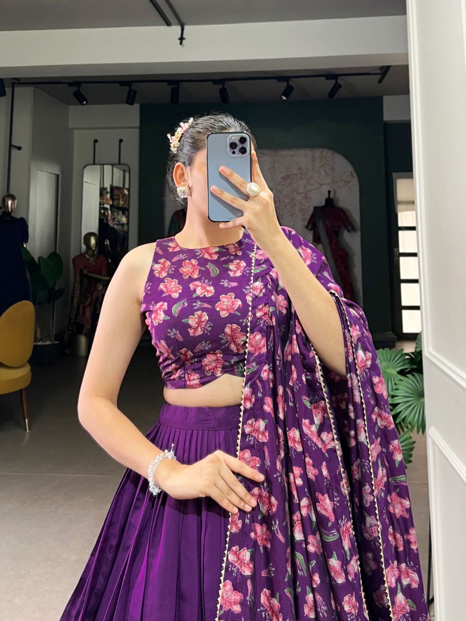 Tussar Silk Lehenga Choli with Floral & Foil Work | Elegant Party Wear