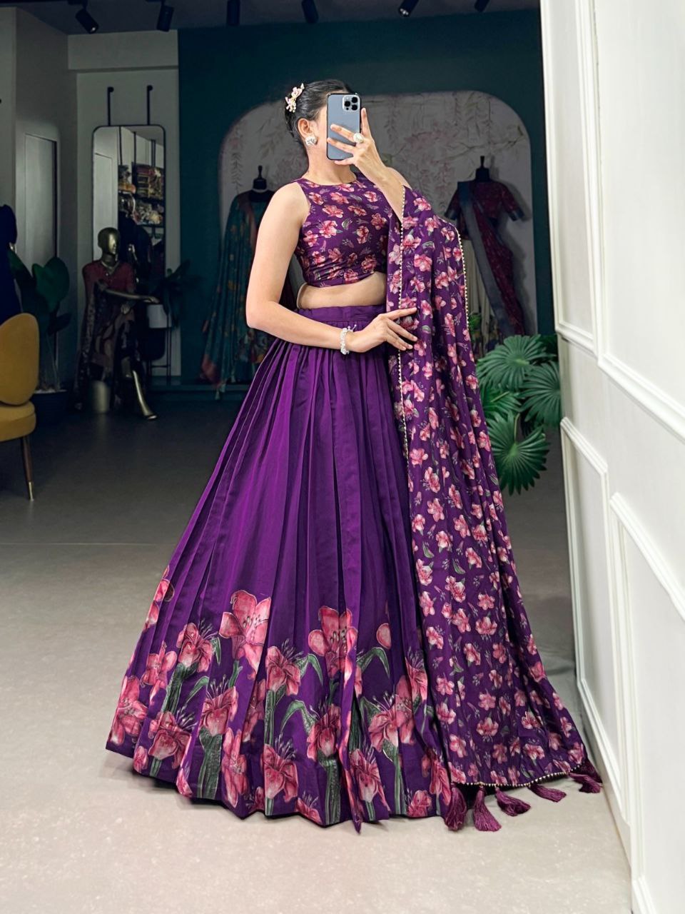 Tussar Silk Lehenga Choli with Floral & Foil Work | Elegant Party Wear