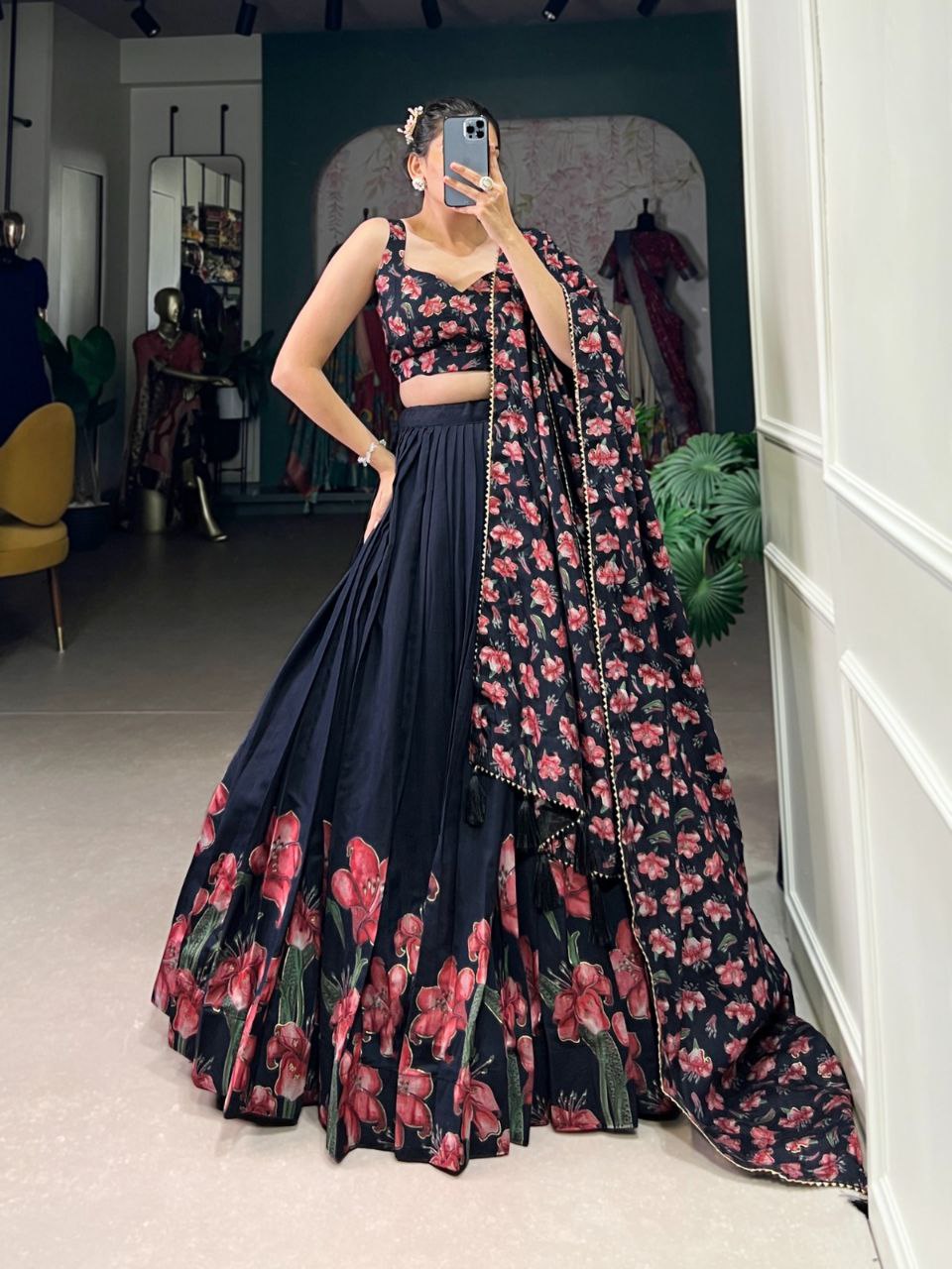 Tussar Silk Lehenga Choli with Floral & Foil Work | Elegant Party Wear